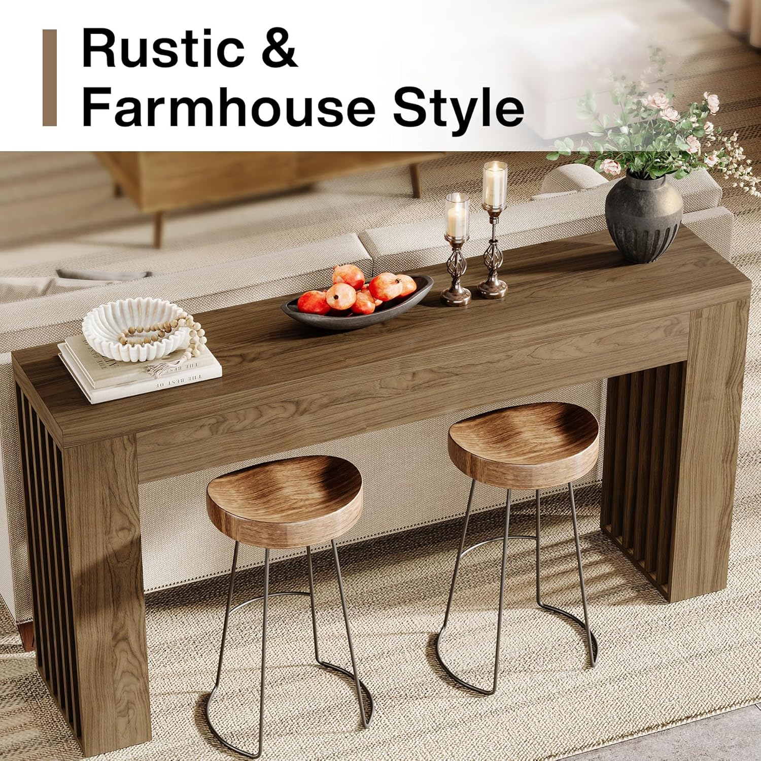 Tribesigns 59-Inch Long Wooden Console Sofa Table Behind The Couch with Vertical Slat Legs for Entrance, Hallway, Entryway, Living Room (Rustic Brown)