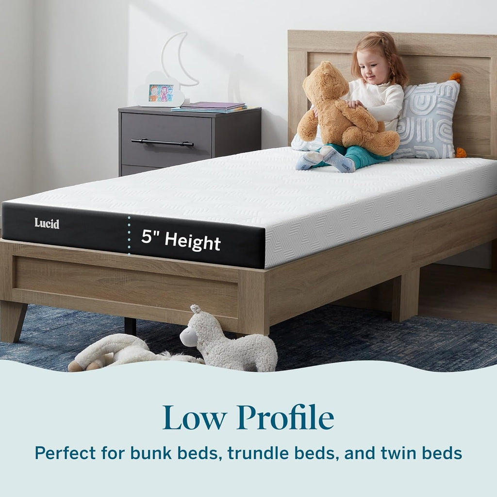 Lucid 5 Inch Memory Foam Mattress – Low Profile - Firm Feel - Infused with Bamboo Charcoal and Gel - Bed in a Box - Temperature Regulating - Breathable - Twin Size