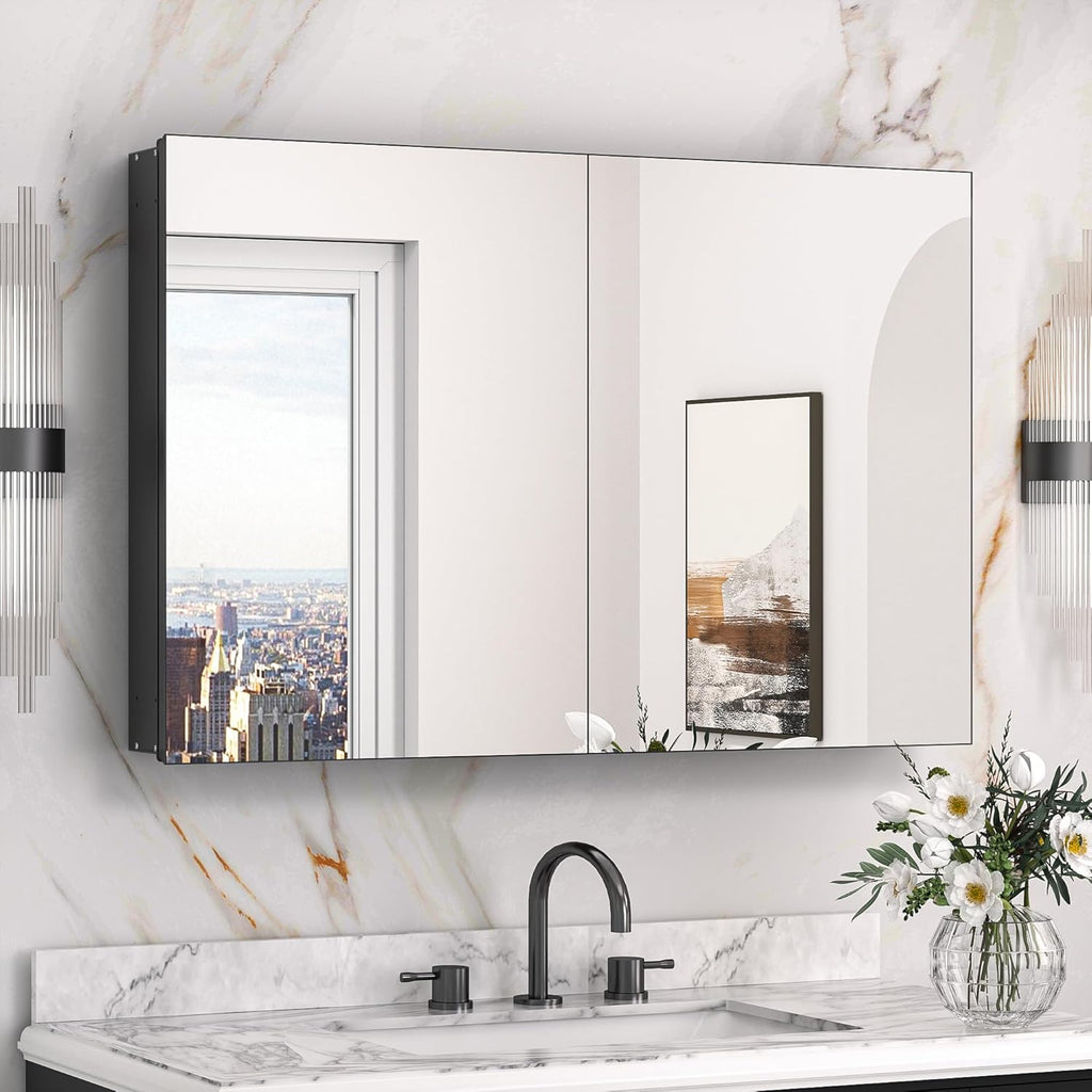 Keonjinn 36 x 24 Inch Black Medicine Cabinet, Bathroom Medicine Cabinet with Mirror, Lightweight Aluminum Structure, Assembly Required, in Wall or Wall Mount, Free Adjustable Shelves, Tempered Glass