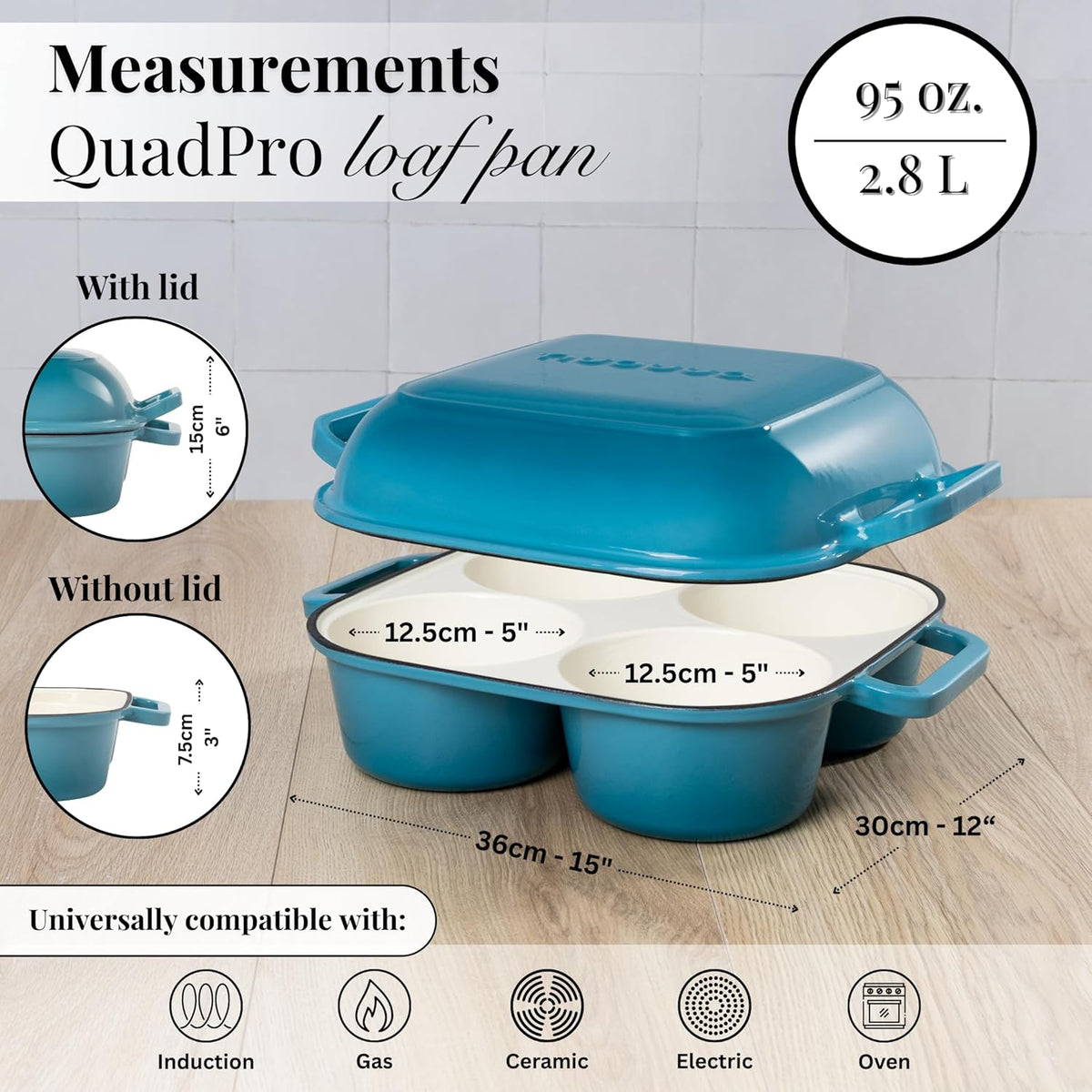 QuadPro Enamelled Cast Iron Bread Loaf Pot – Dutch Oven for Sourdough Bread Baking – 500°F Oven Safe Non Stick Bread Pot – 4 Round Loaf Spaces (4.90-inch Diameter), Light Blue – by Nuovva