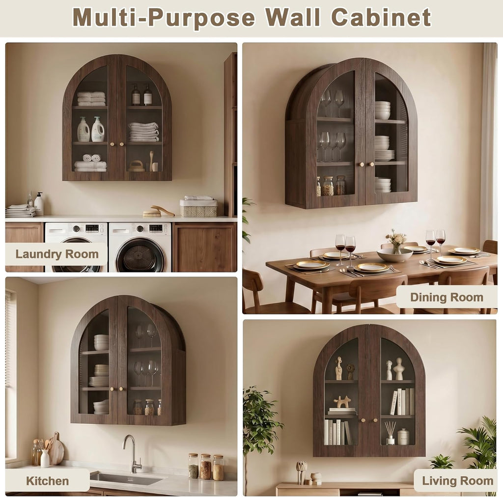 Arched Wall Cabinet, Bathroom Cabinet Wall Mount with Glass Doors & Adjustable Shelf, Floating Medicine Cabinet for Bathroom, Kitchen, Living Room Storage, Walnut