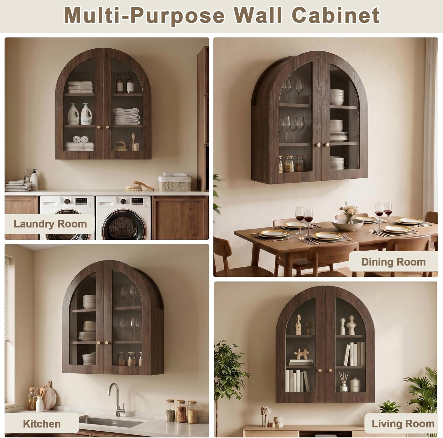 Arched Wall Cabinet, Bathroom Cabinet Wall Mount with Glass Doors & Adjustable Shelf, Floating Medicine Cabinet for Bathroom, Kitchen, Living Room Storage, Walnut