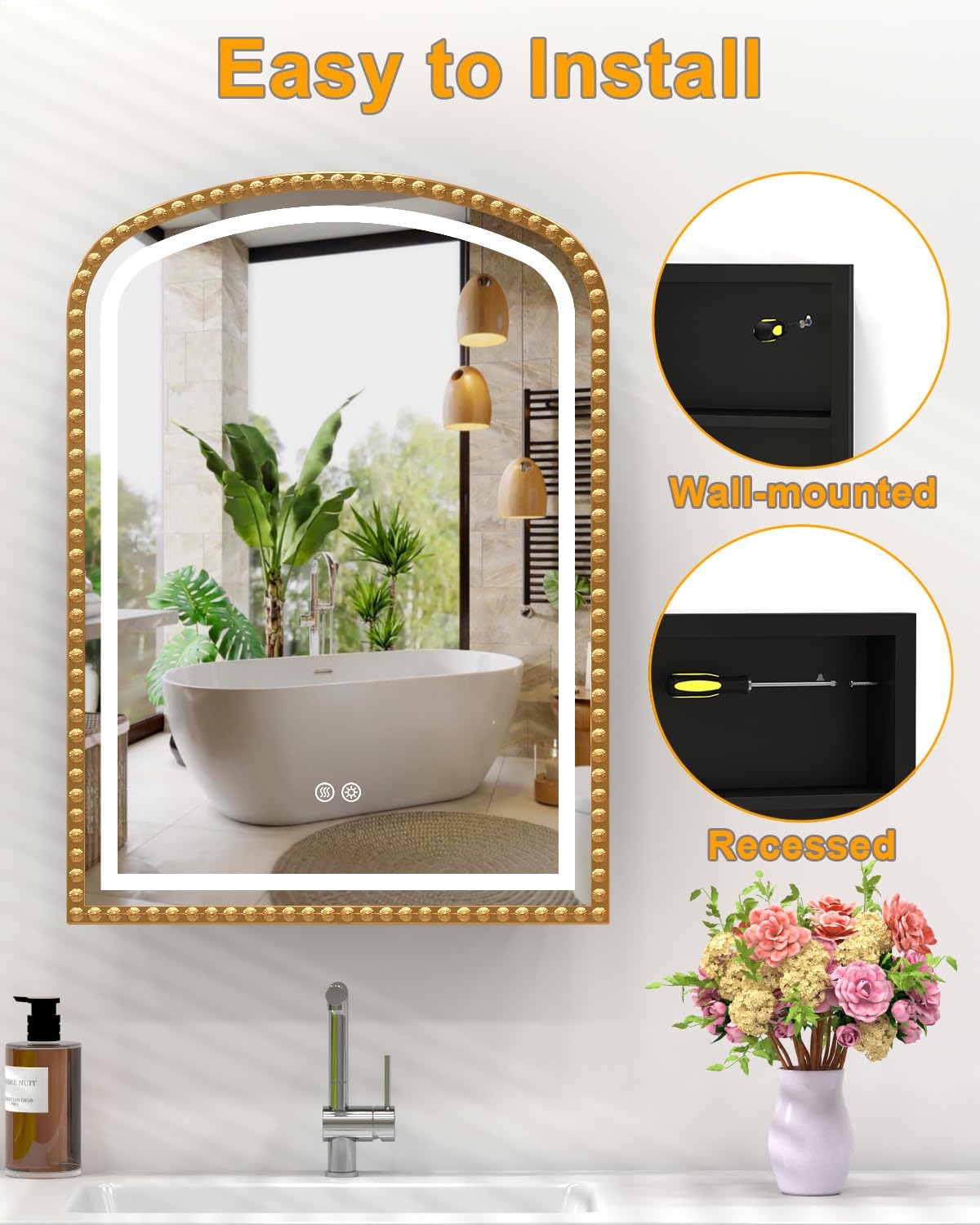 20x28 Inch Arched Medicine Cabinet with Mirror and Lights, LED Bathroom Mirror Cabinet with Defogging & Touch Light, Surface Mount and Recessed with 1 Storage Organizer, Daisy Beaded Frame Bling Gold