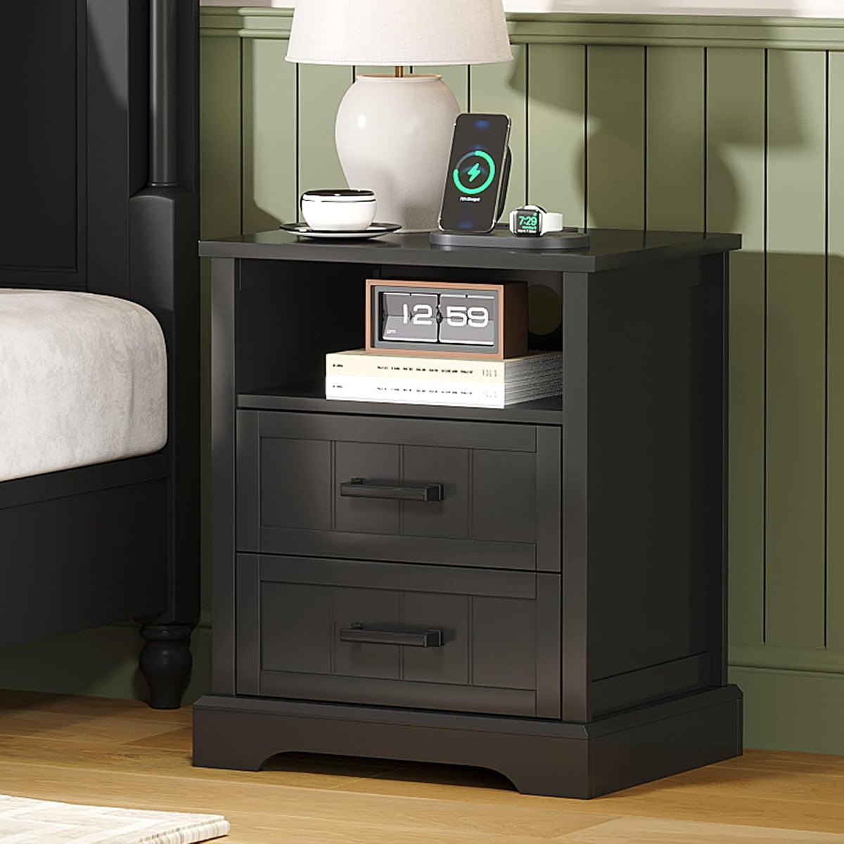 ChooChoo Farmhouse Night Stands with Charging Station, Wood Nightstand Set of 2 with 2 Drawers, Bedside Table with Open Storage Shelf for Bedroom, Black