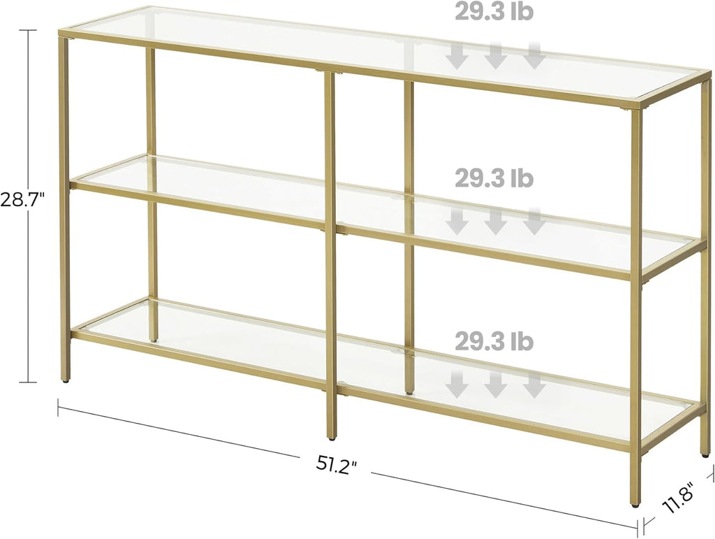 VASAGLE 51.2 Inch Console Table with 3 Shelves, Sofa Tables, Modern Entryway Table, Metal Frame, Tempered Glass Shelf, Entryway Living Room Bedroom, Metallic Gold and Transparent ULGT024A01