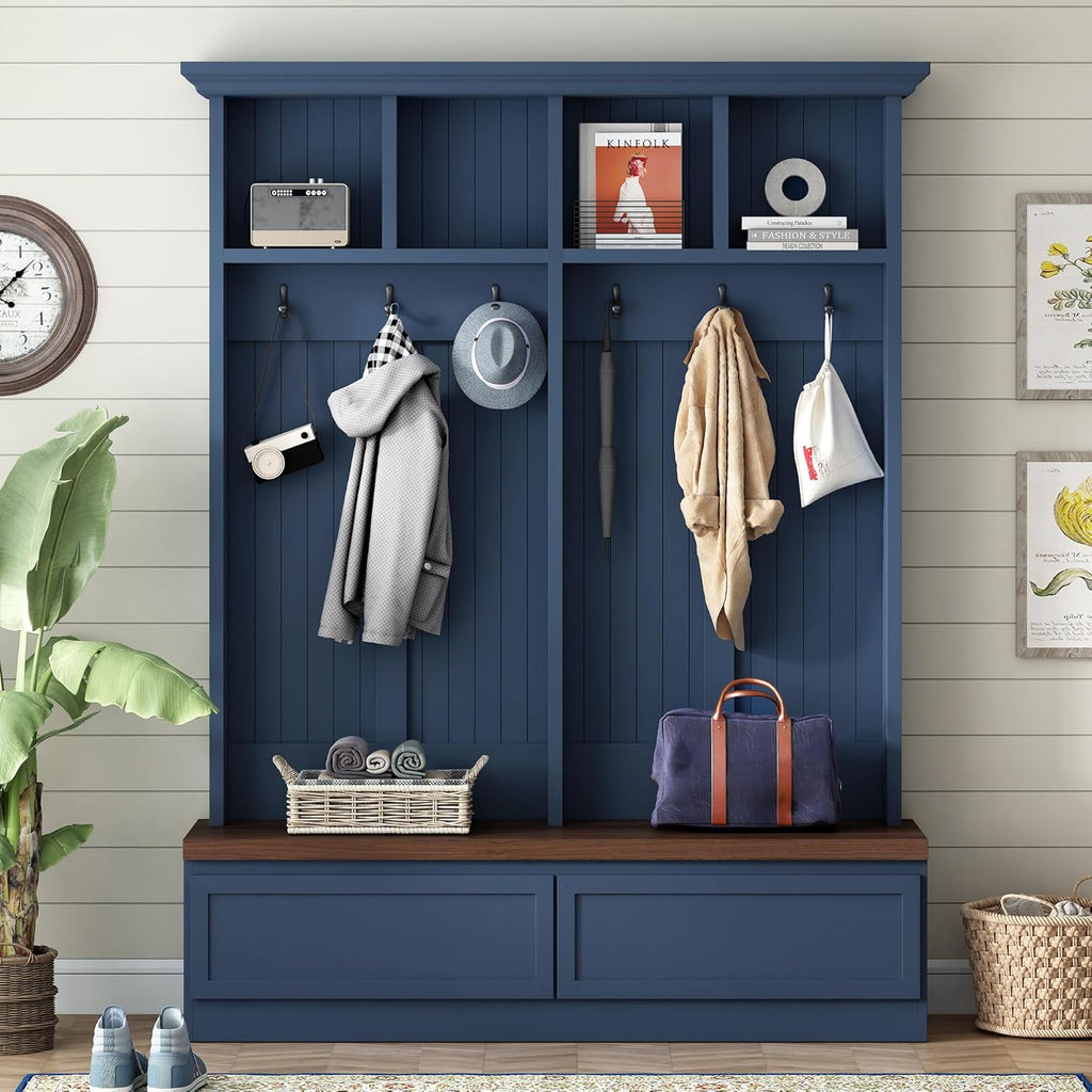4-in-1 Hall Tree with Wood Grain Bench, Entryway Shoe Storage Organizer with Coat Rack, 2 Large Drawers, and 6 Golden Hooks for Hallway, Foyer Organizer Furniture, Blue