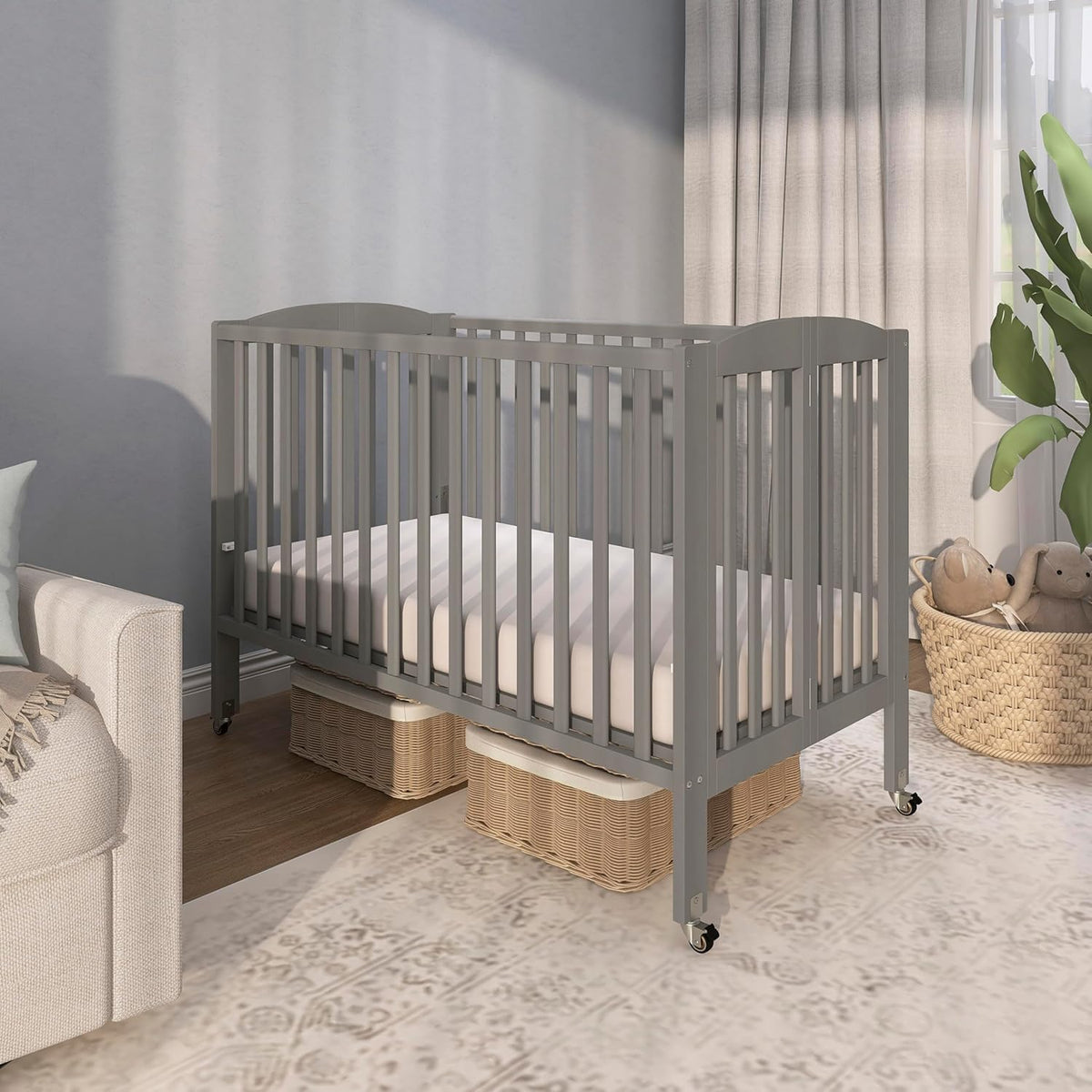 Dream On Me Full-Size 2-in-1 Folding Baby Crib in Steel Grey, GreenGuard Gold & JPMA, Portable, Patented Quick Folding System, Strong Wheels, 2 Adjustable Mattress Heights