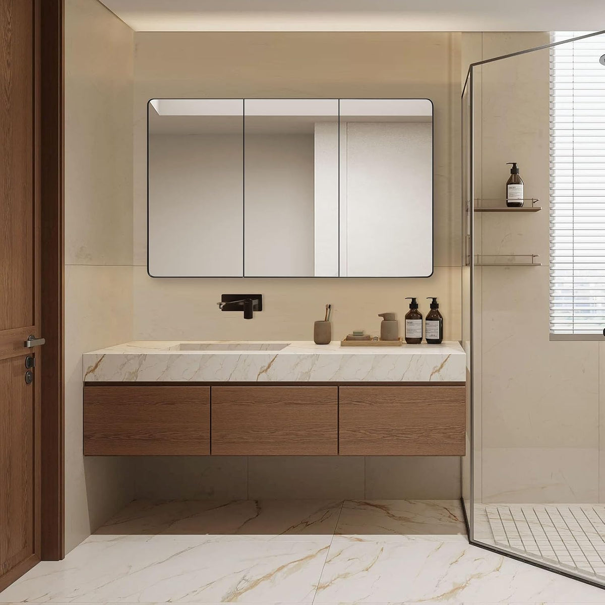 IDYLLOR Bathroom Mirror Medicine Cabinet with Round Corner Framed Door 48 x 30 inch, Black .Recessed or Surface Mount, with Adjustable Glass Shelves