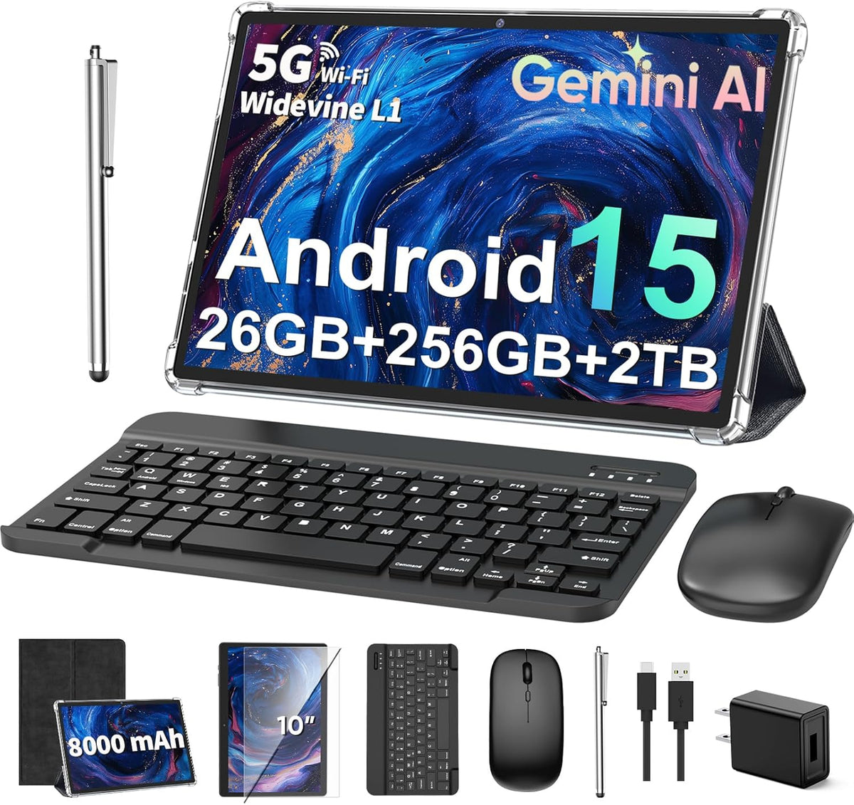 2026 10 Inch Tablet with Keyboard, Android 15 Tablet with Gemini AI, 24GB+256GB+2TB Expand, 2-in-1 Tablets with 8-Core, WiFi, 8000mAh, GMS, GPS, Electronic Tablets PC with Mouse, Case, Stylus (Black)
