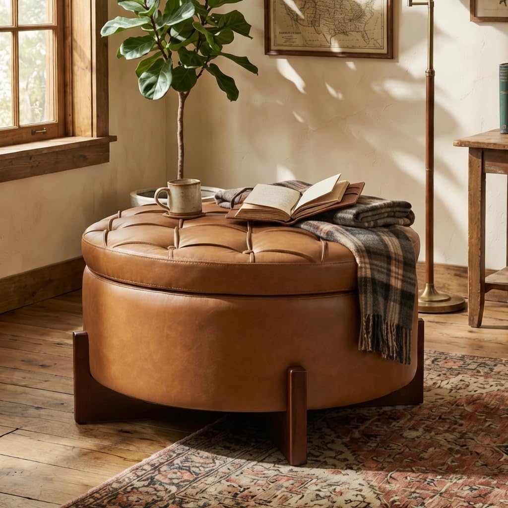 Christopher Knight Home 32" Round Storage Ottoman with Reversible Wooden Lid, Faux Leather Tufted Coffee Table, 2-in-1 Storage Ottoman, Hidden Storage Compartment, Solid Rubber Wood Base, Brown