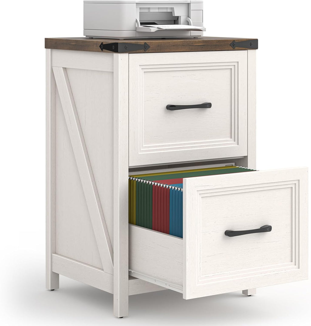 Vabches 2 Drawer Vertical File Cabinet, Wood Farmhouse Filing Cabinet Fits A4/Letter Size, Under Desk Small File Cabinets Printer Stand with Storage for Home Office, White and Brown