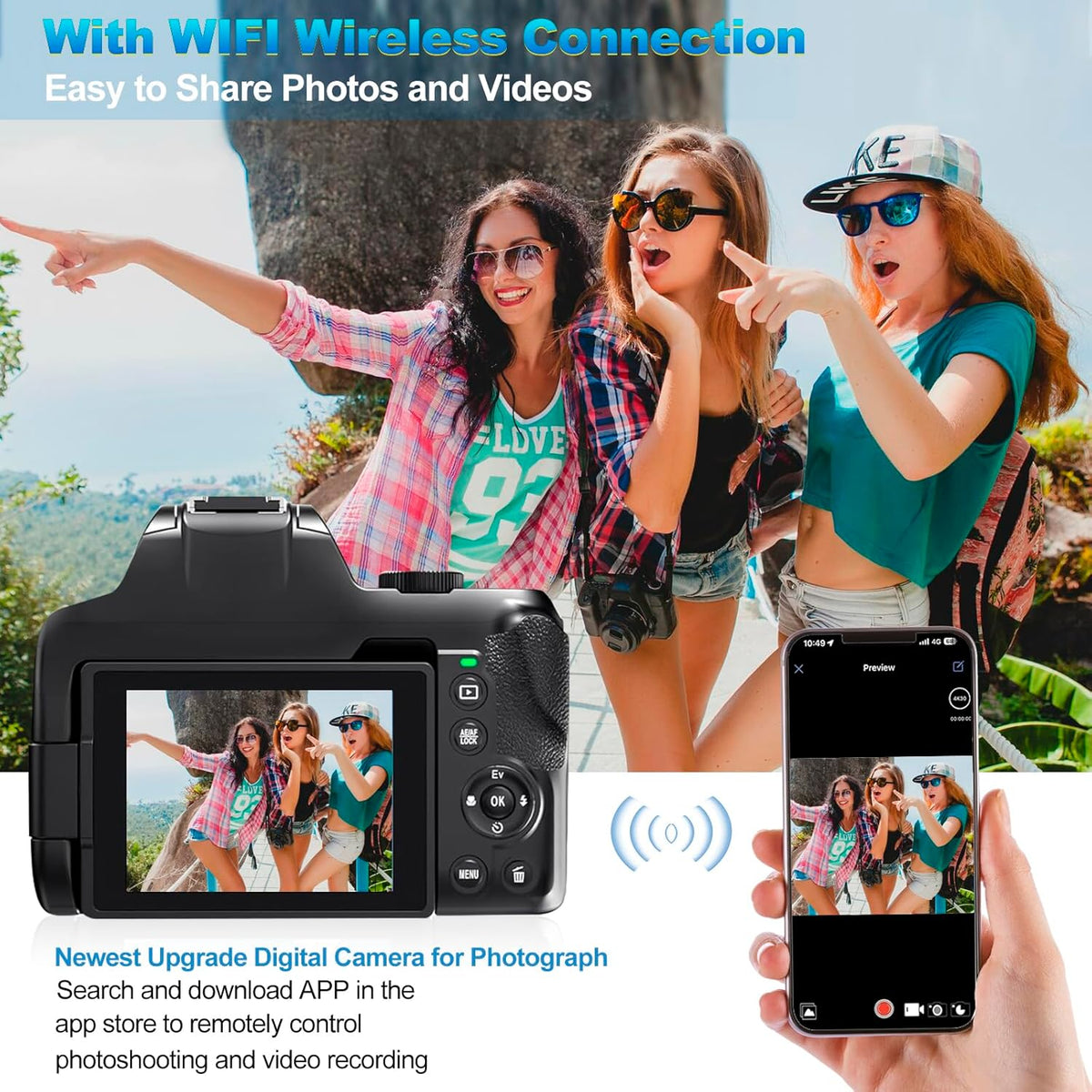 4K Digital Camera for Photography - 12X Optical Zoom 72MP Vlogging Camera for YouTube with 3" 270° Flip Screen, Autofocus Compact Camera with 2 Batteries 64GB SD Card, USB Card Reader & Charging Stand