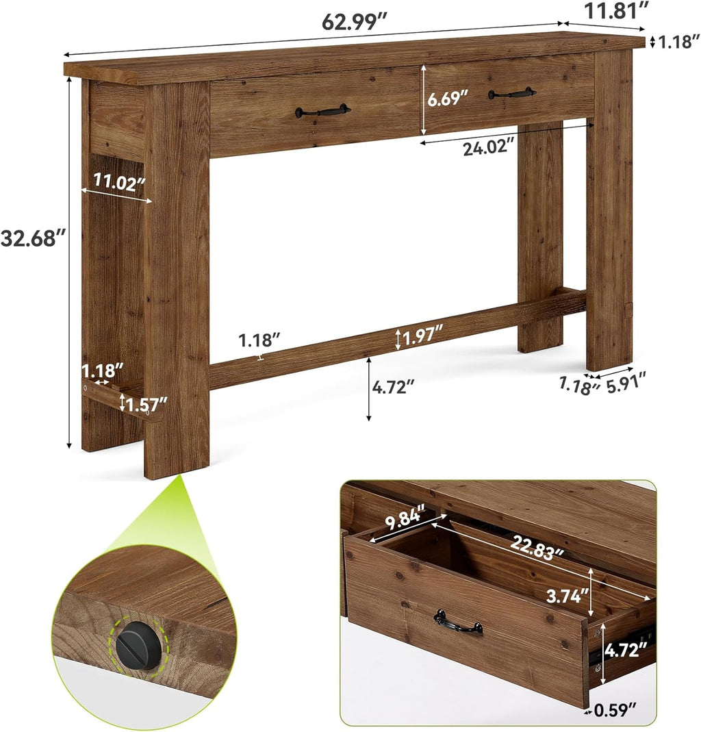 LITTLE TREE 63-Inch Solid Wood Console Table, Farmhouse Entryway Table with 2 Drawers, Narrow Sofa Table for Entryway, Hallway, Living Room, Foyer, Behind Couch