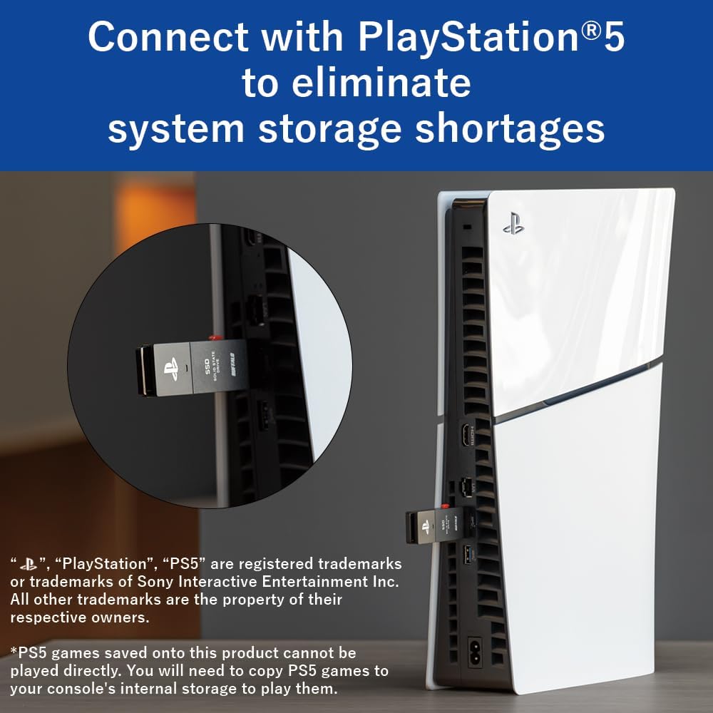 BUFFALO External SSD 1.0TB - Officially Licensed Product, Compatible with PS5 Consoles / PS4 Consoles - USB3.2 Gen2 Type A Compact Stick SSD-SAO1.0U3B