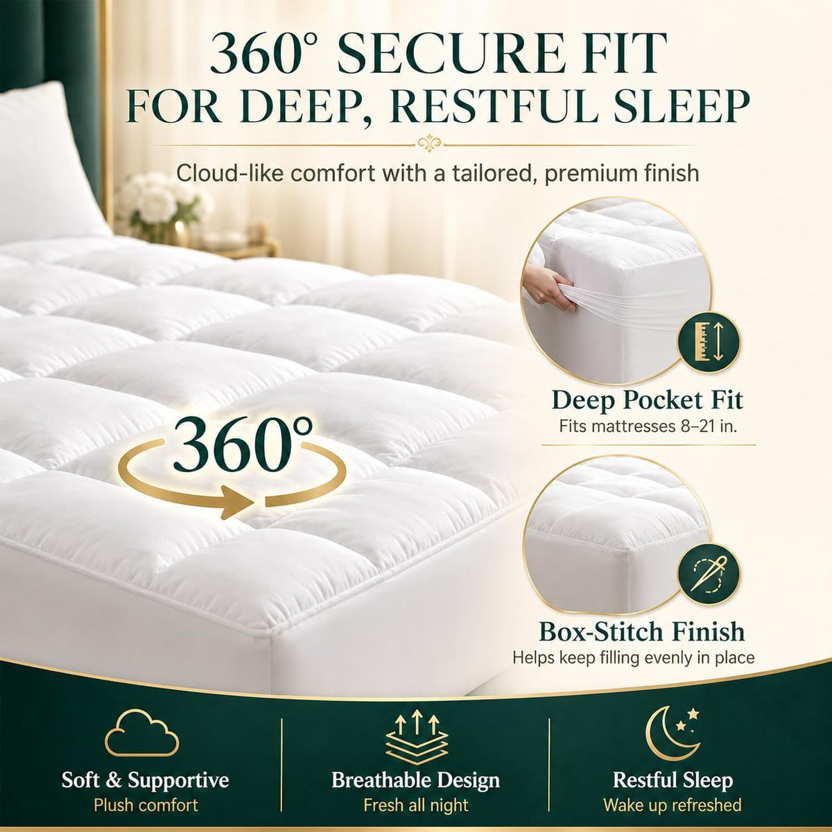 Premium Quilted 1000GSM Luxury Extra Thick Mattress Topper - Breathable & Fluffy Soft, with 8-21 inch Deep Pocket, Plush Pillow Top Mattress Topper Overfilled (White, Queen)