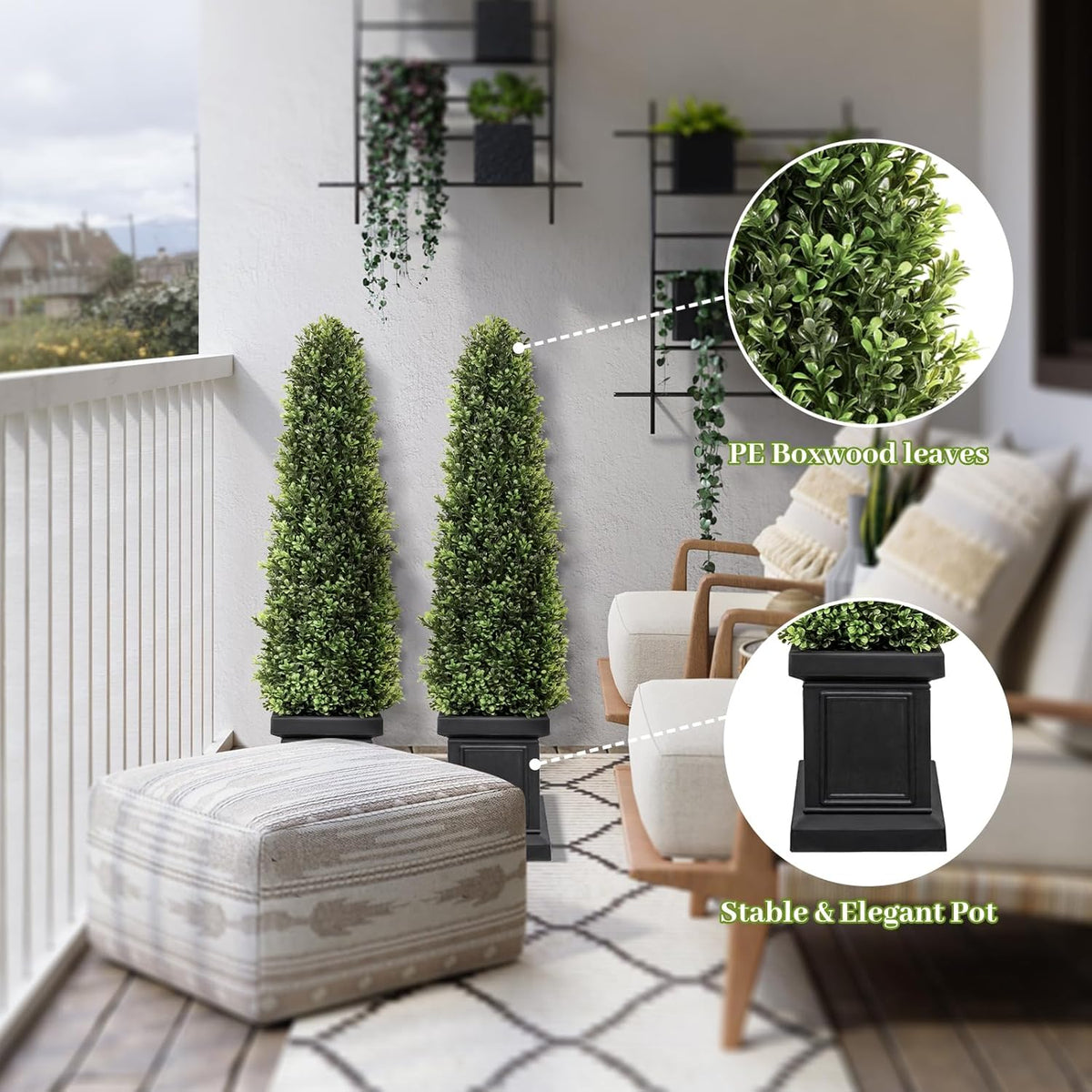 3.5ft Boxwood Outdoor Topiary Set of 2, Tall All Year Green Fake Plant Topiary Trees Artificial Outdoor Porch Trees with Sturdy Pot for Outdoor Indoor (Square)