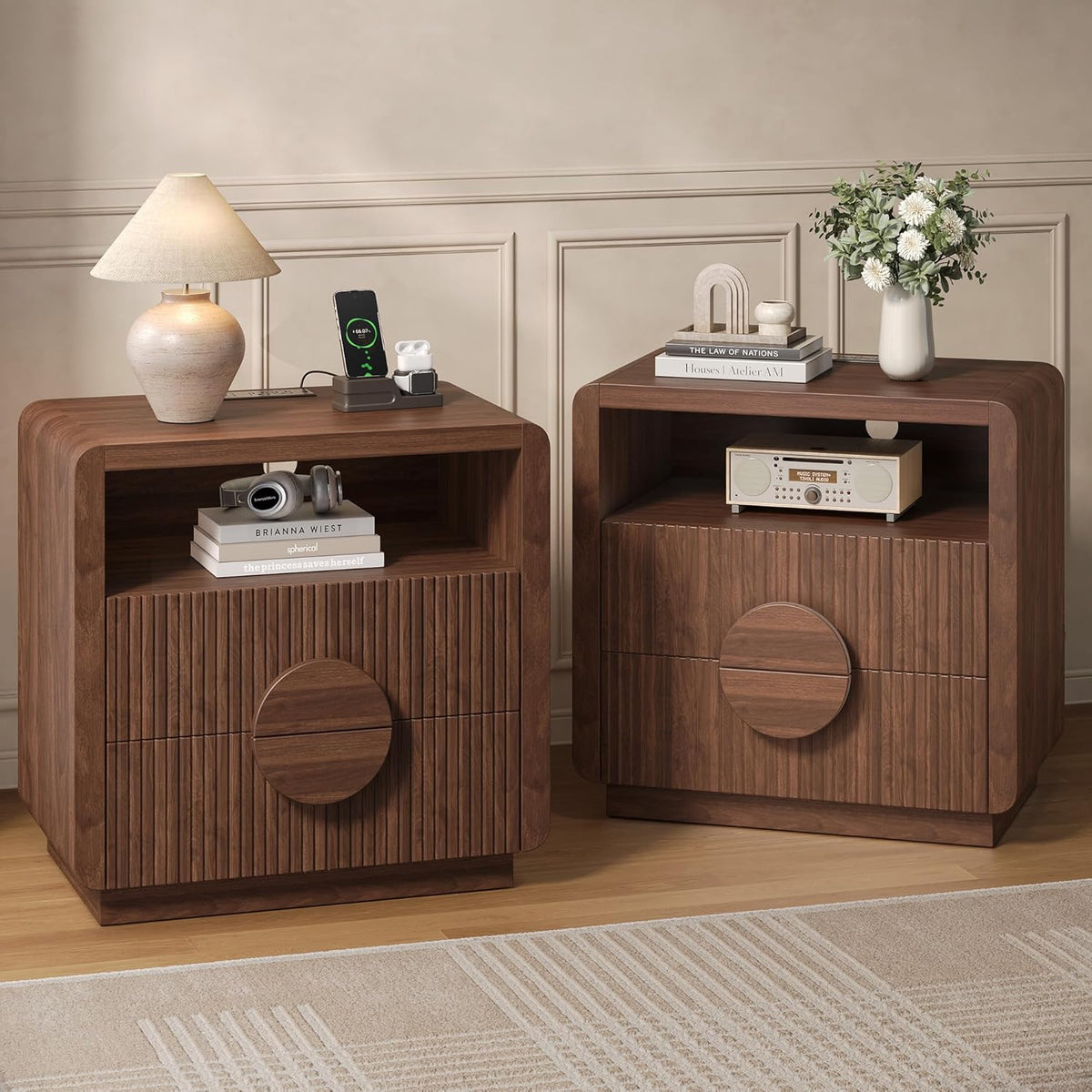 23" Wide Fluted Nightstands Set of 2, Mid Century Bedside Tables with Charging Station, Wood End Table with 2 Drawers and Open Shelf for Bedroom, Home Office, Walnut