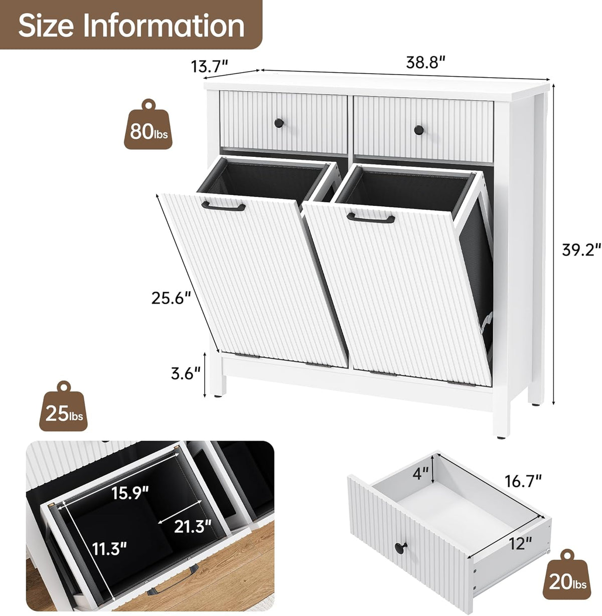 Airynee Double Tilt-Out Laundry Hamper Cabinet with 2 Drawers, 20 Gallon Fluted Trash Can Cabinet with Laundry Basket, Hidden Wood Garbage Can Bin Cabinets for Bathroom & Kitchen, White