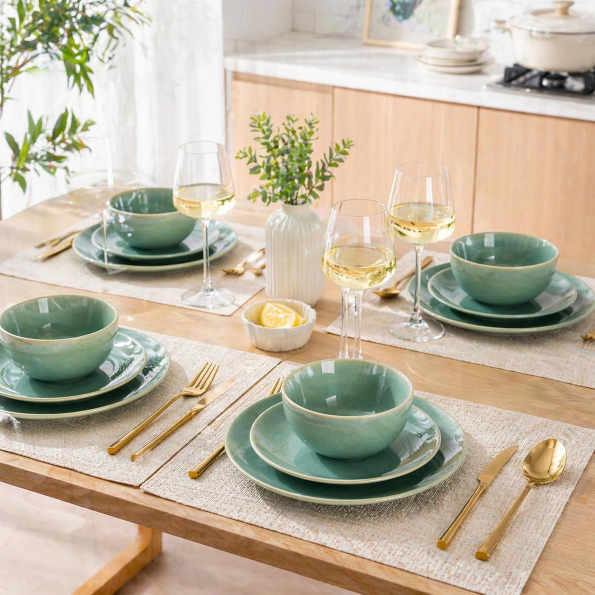 GBHOME Dinnerware Sets with Double Bowls for 6, 24 Pieces Stoneware Plates and Bowls Set, Scratch Resistant Ceramic Dishes Set, Dishwasher & Microwave Safe-Malachite Green