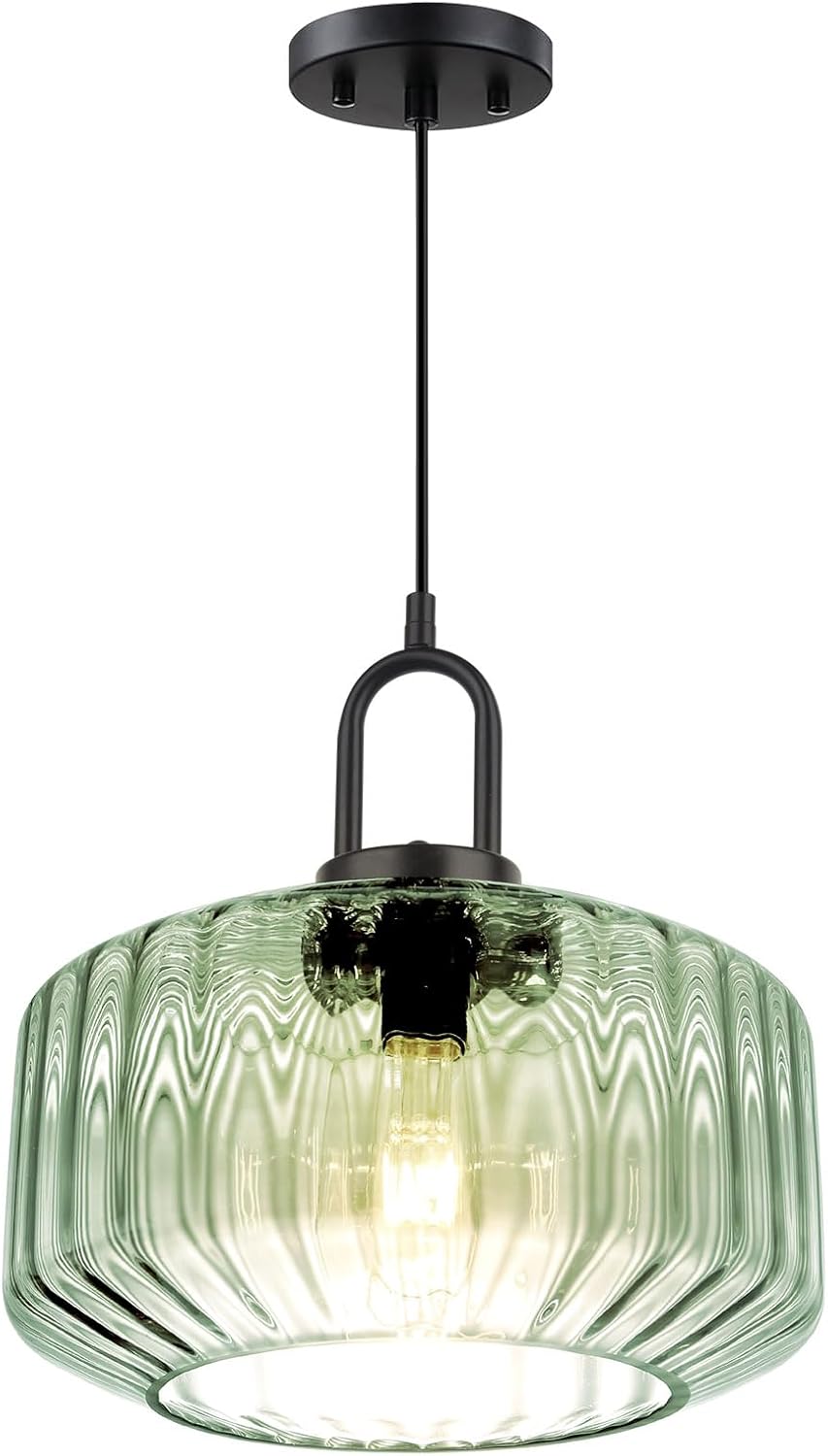 Modern Hanging Lights Light Green Pendant Light Fixtures Mid Century Large Glass Pendant Lights 11" Striped Glass Shade Black Schoolhouse Ceiling Light Fixture Kitchen Hanging Lamp