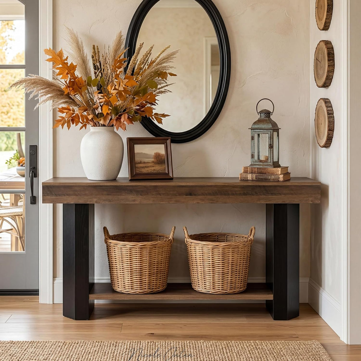 LITTLE TREE 63 in Console Table, 2 Tier Sofa Table Behind Couch, Long Console Sofa Tables for Living Room, Industrial Hallway Foyer Table for Entryway, Rustic Brown & Black