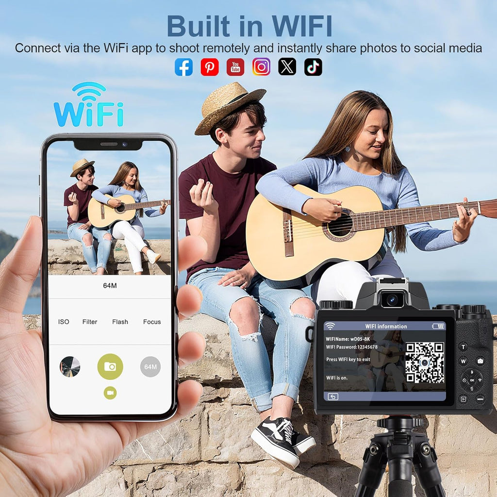 8K Digital Cameras for Photography, WiFi 64MP Vlogging Camera for YouTube, 4" Touch Screen Digital Camera with Dual Lens, Auto Focus, 16X Digital Zoom, 3000mAh Battery, 32GB Card, Black