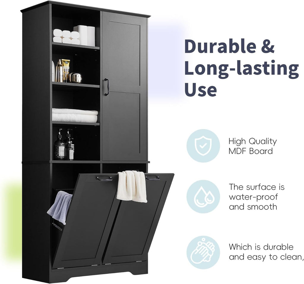SOFTSEA 68" Double Tilt Out Laundry Hamper, Tall Hidden Laundry Basket Cabinet with Adjustable Shelf, Freestanding Bathroom Storage Cabinet with Doors and Open Shelves, Black