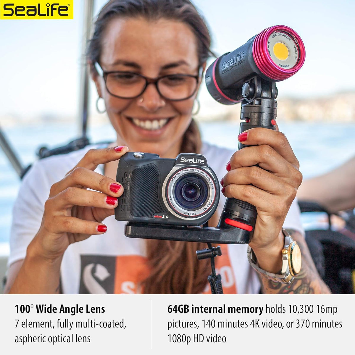 SeaLife Micro 3.0 64GB, 16mp, 4K Underwater Camera for Underwater Photography and Video, Easy Set-up, Wireless Transfer; Includes case, Wrist Strap