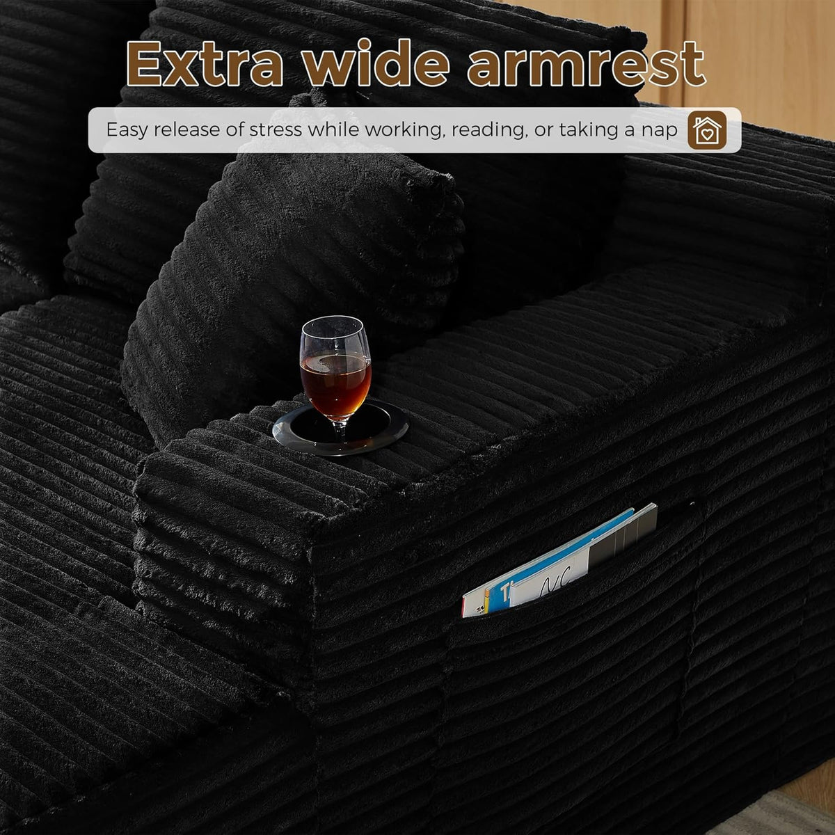 133" Oversized Cloud Boneless Sofa Couch with Chaise, Modern Corduroy U Shaped Modular Sectional Sofa with Deep Seat, Comfy Couch with Cupholders and Storage, No Assembly Required-Black