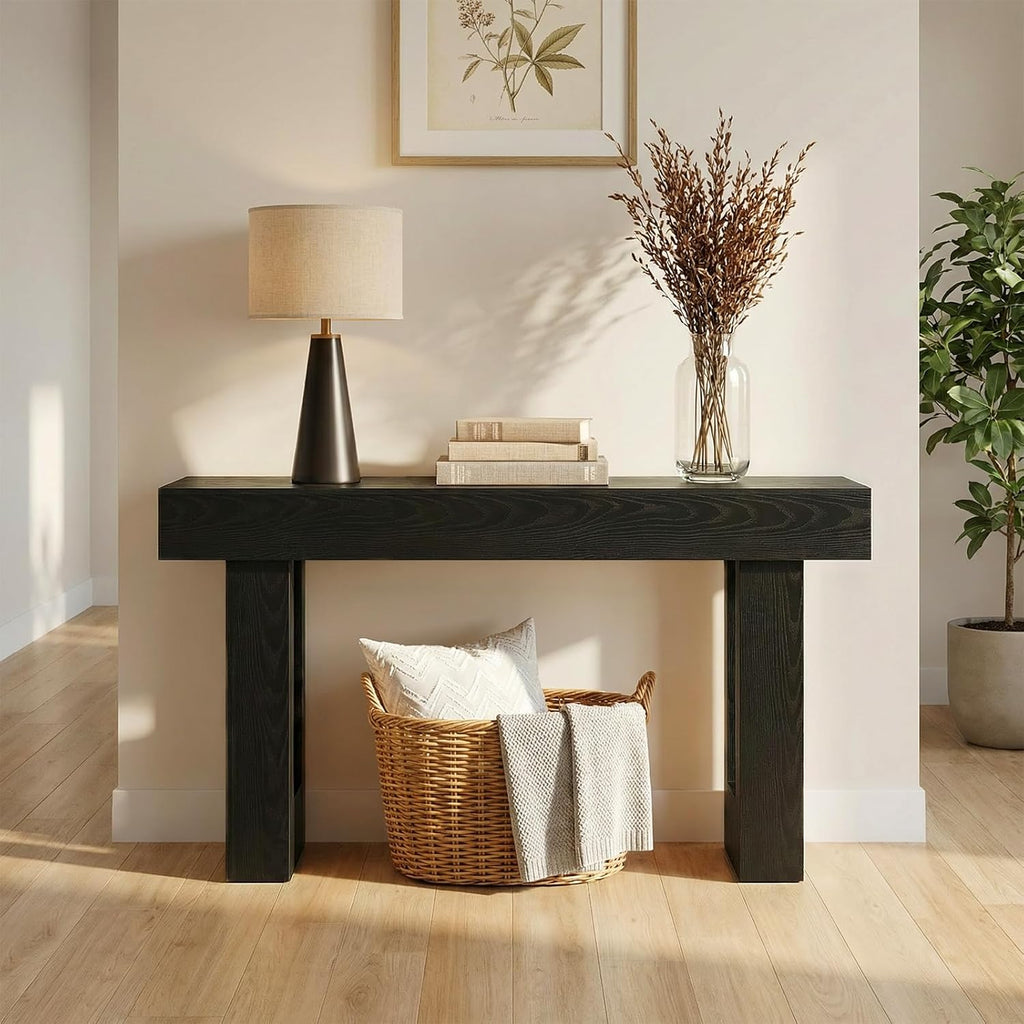 DUMOS 63 Inches Console Farmhouse Table for Entryway, Long Console Table Behind Couch, Solid Wood Narrow Entryway Table for Hallway, Living Room, Foyer, Entrance, Easy Assembly, Black