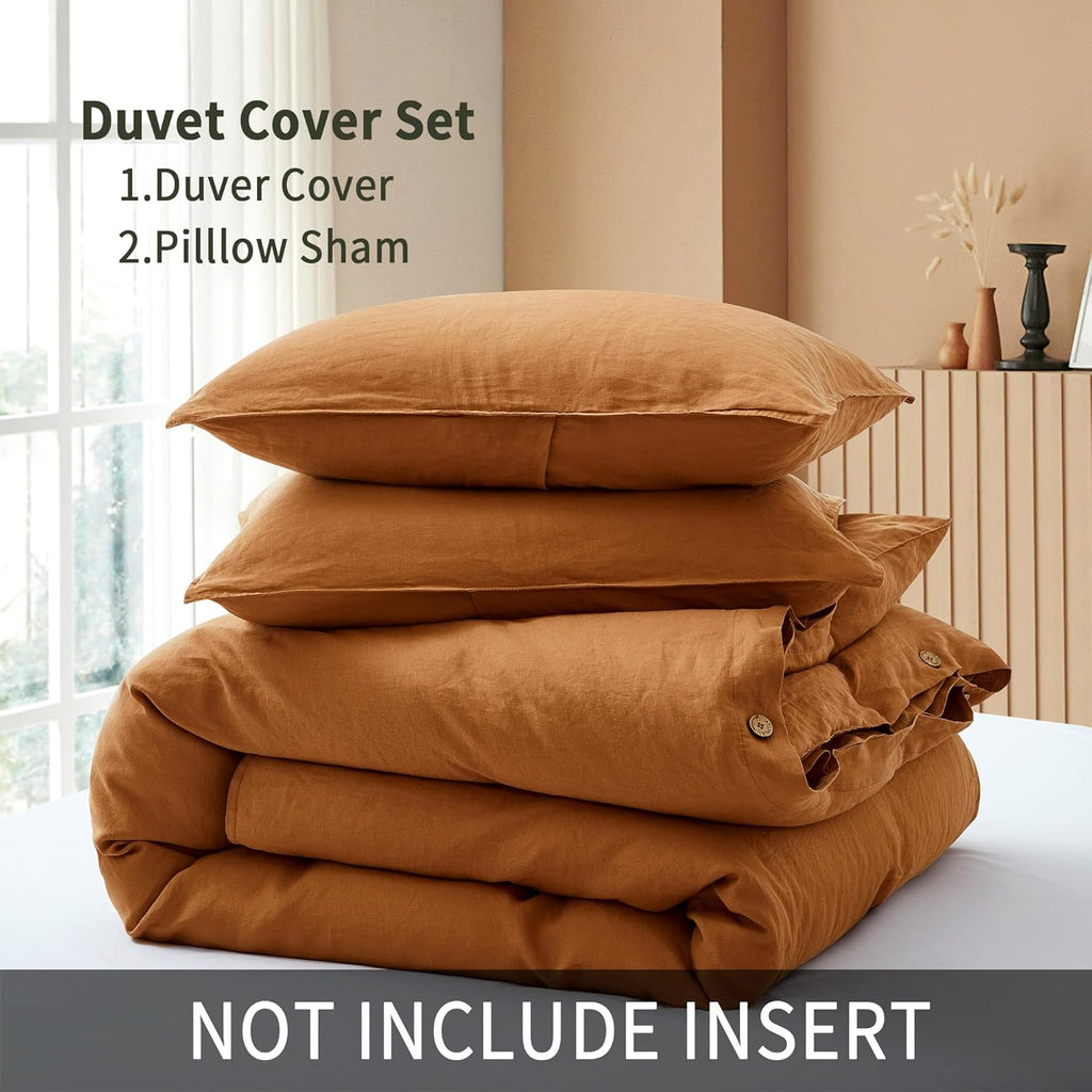 ATLINIA 100% Flax Linen Duvet Cover Set - Stone Washed Pure French Linen Organic Fabric for Farmhouse Comforter Boho Bedding Included 1 Duvet Cover 2 Pillow Shams(Rust, Queen)