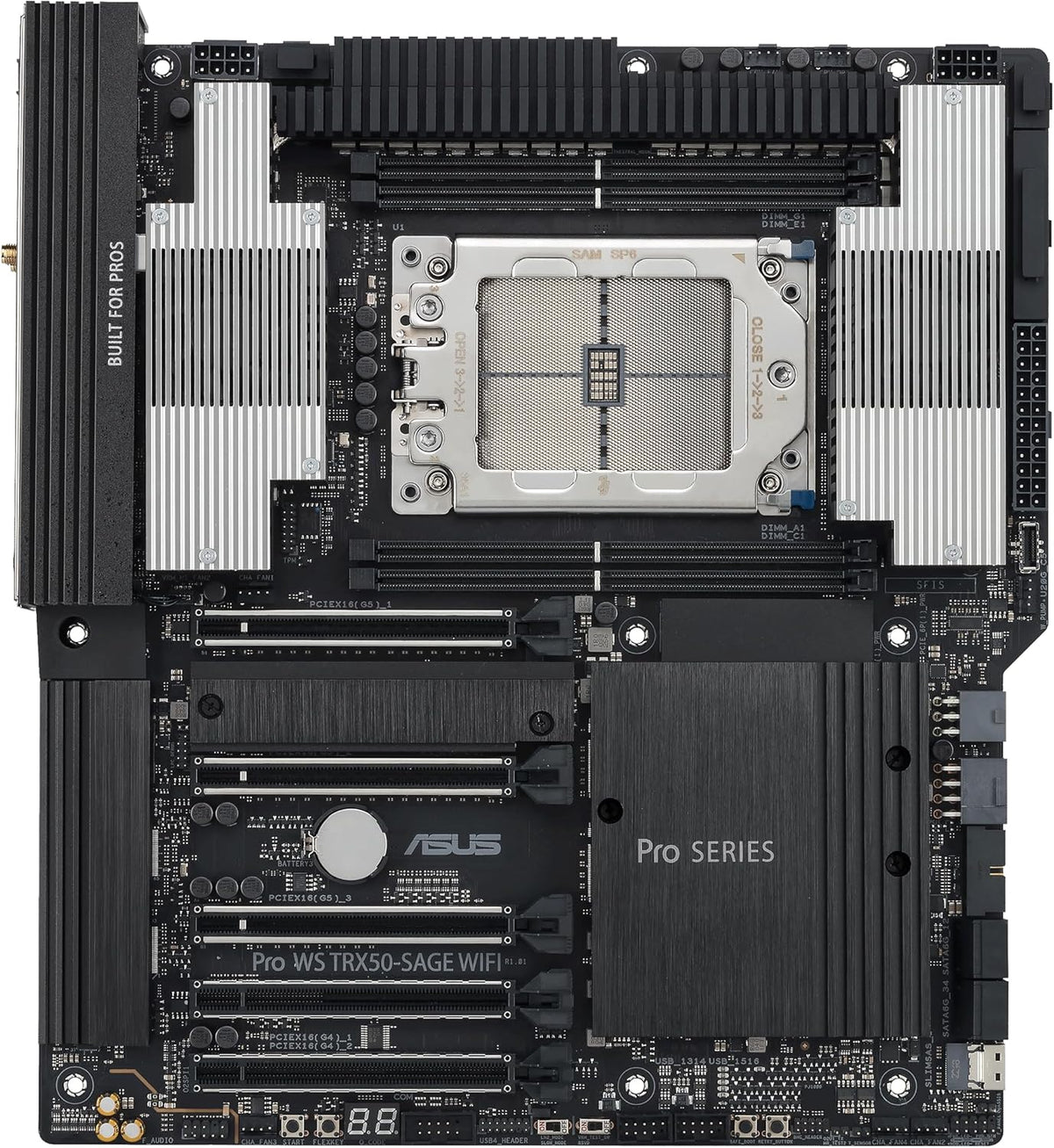 ASUS Pro WS TRX50-SAGE WIFI CEB Workstation motherboard, AMD Ryzen Threadripper PRO 7000 WX,ECC R-DIMM DDR5, 36 power-stage, WiFi 7,PCIe 5.0 x 16,PCIe 5.0 M.2, 10 Gb and 2.5 Gb LAN, multi-GPU support.