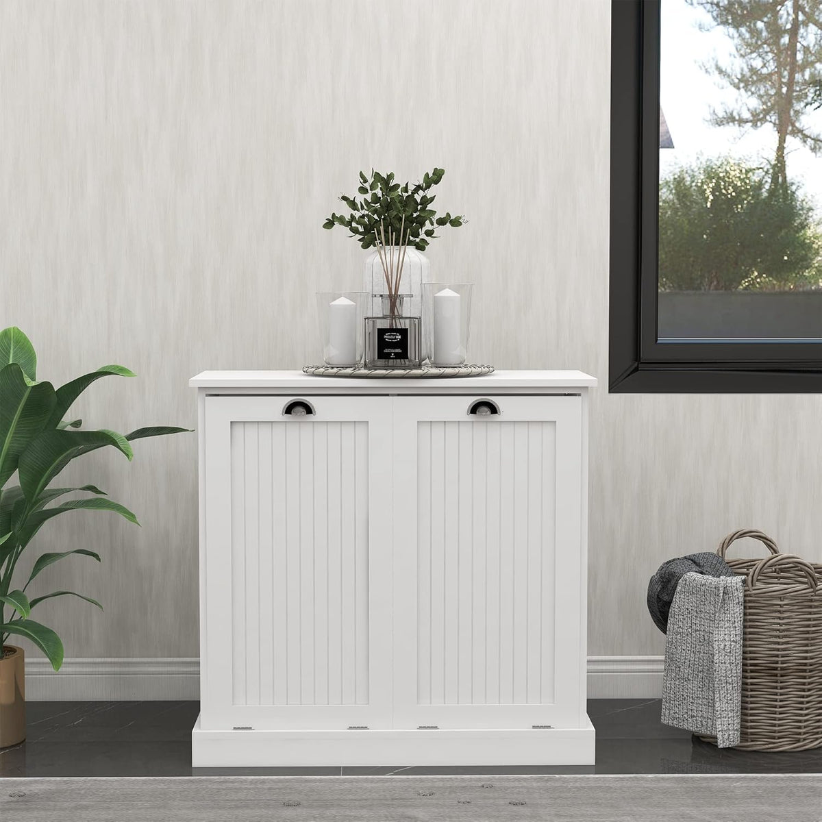 LUMISOL Double Tilt-Out Laundry Hamper Cabinet, Modern Laundry Cabinet with Removable Fabric Baskets, Wooden Bathroom Storage Cabinets with Doors for Living Room, Kitchen, White