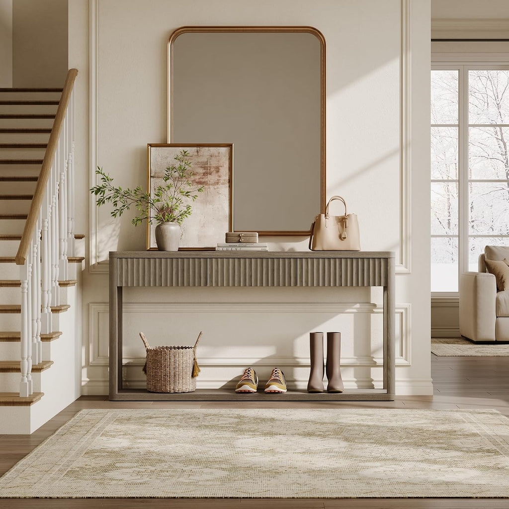SICOTAS Entryway Table with Storage, 60.74" W Console Table with 3 Fluted Drawers and Shelf, Modern Narrow Long Accent Sofa Table Behind The Couch for Hallway, Entrance, Living Room, Foyer, Grey Alder