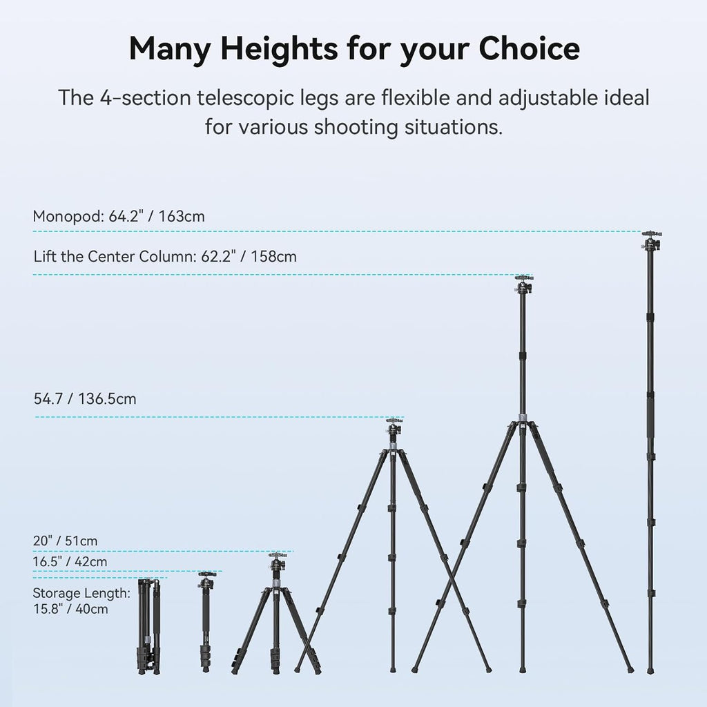 SmallRig AP-20 Carbon Fiber Tripod, 62.2" Camera Tripod Monopod with Center Column, Compact Lightweight Tripods with 360° Ball Head, Payload 26.5 lbs, Quick Release Plate, for DSLR Camera - 4059
