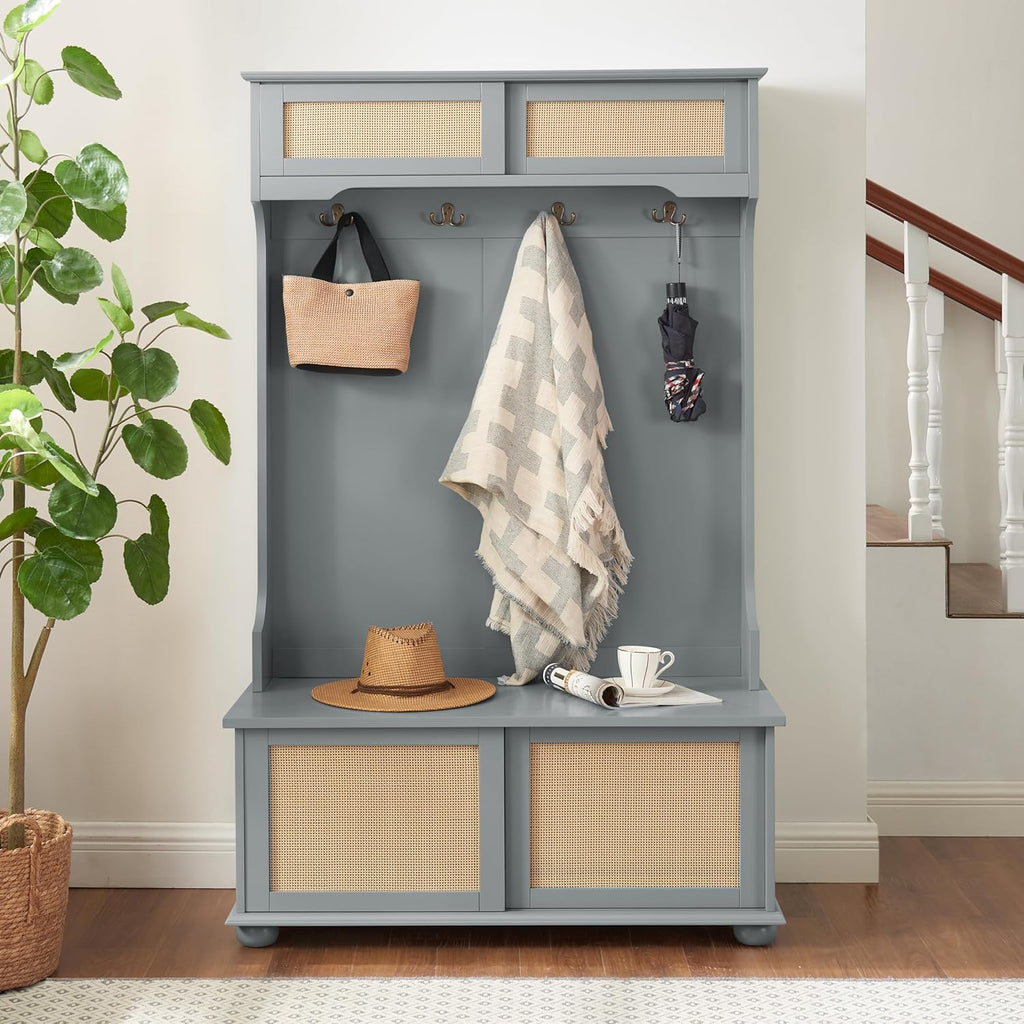 Wacfc Coat Hall Tree with Rattan Door, Clothes Hanger Hall Tree, Clothes Rack with Shoe Storage Bench, Coat Hook and Storage Open Shelf for Entryway Living Room, Gray