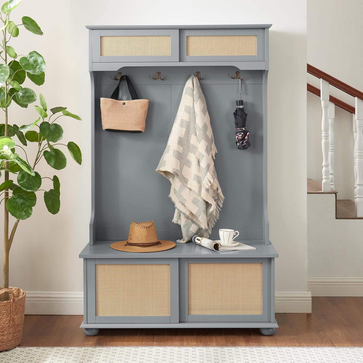 Wacfc Coat Hall Tree with Rattan Door, Clothes Hanger Hall Tree, Clothes Rack with Shoe Storage Bench, Coat Hook and Storage Open Shelf for Entryway Living Room, Gray