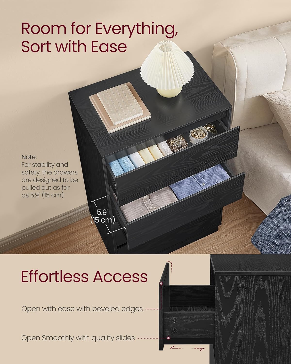VASAGLE Kailyn Collection - 4-Drawer Dresser for Bedroom, Chest of Drawers, Storage Tower Unit, for Closet Living Room Entryway, Modern Minimalist, 15.9 x 23.7 x 38.3 Inches, Ink Black ULTS614BE04S