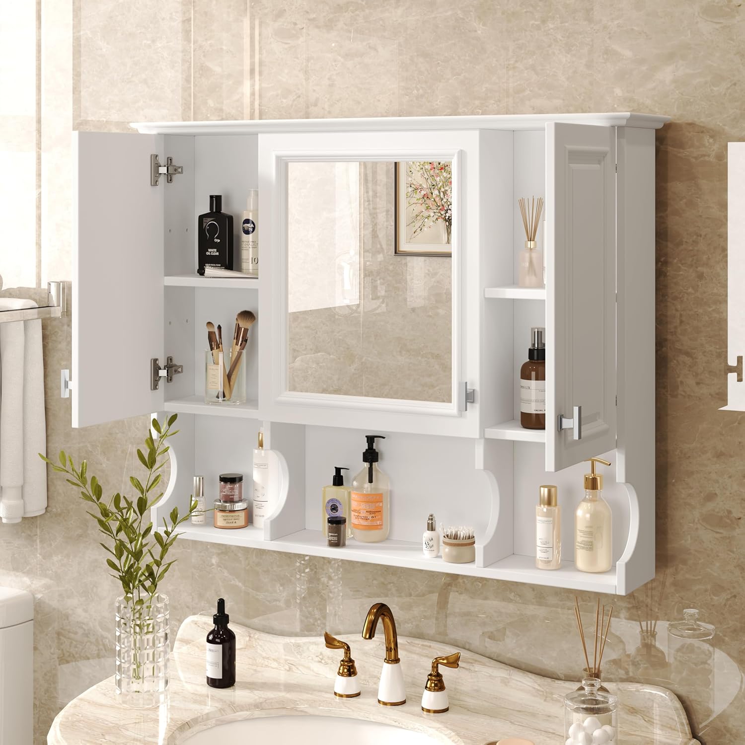 Merax Bathroom Wall Cabinet with Mirror, Wall Mounted Medicine Cabinet with Adjustable Shelves and Open Spaces, 35" x 28" Mirrored Door Over The Toilet Bathroom Storage Cabinet