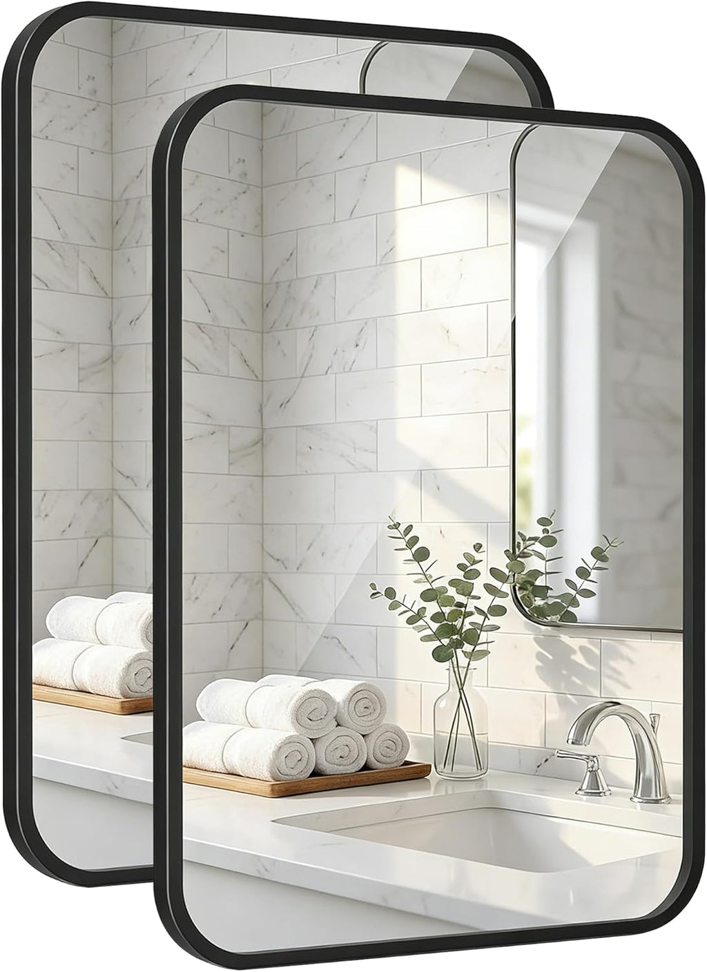 2-Pack 24x36 Inch Matte Black Bathroom Vanity Mirrors | Flush Mount Deep Set Metal Wall Mirror for Over Sink | HD Shatterproof Glass, Rustproof