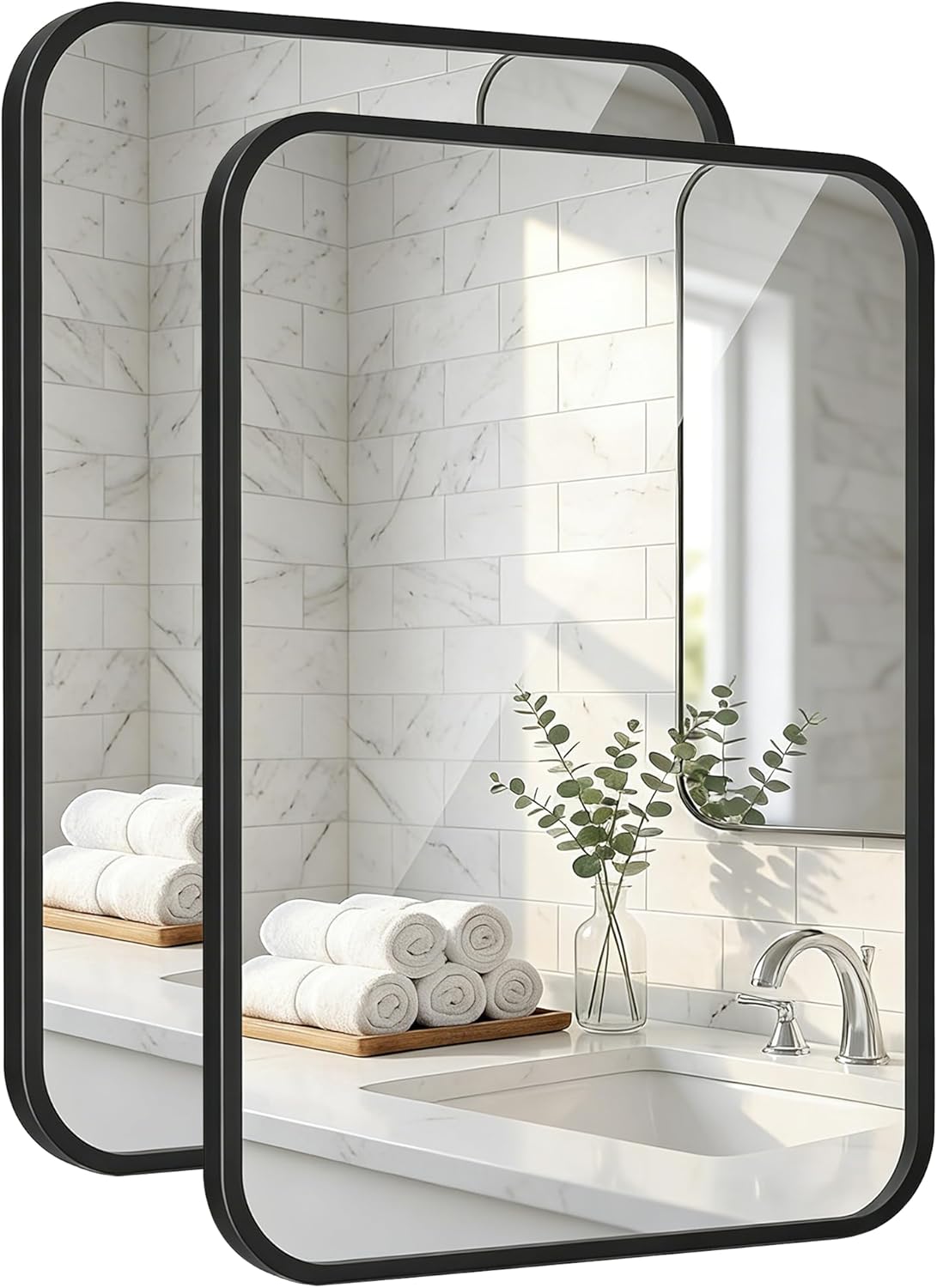 2-Pack 24x36 Inch Matte Black Bathroom Vanity Mirrors | Flush Mount Deep Set Metal Wall Mirror for Over Sink | HD Shatterproof Glass, Rustproof