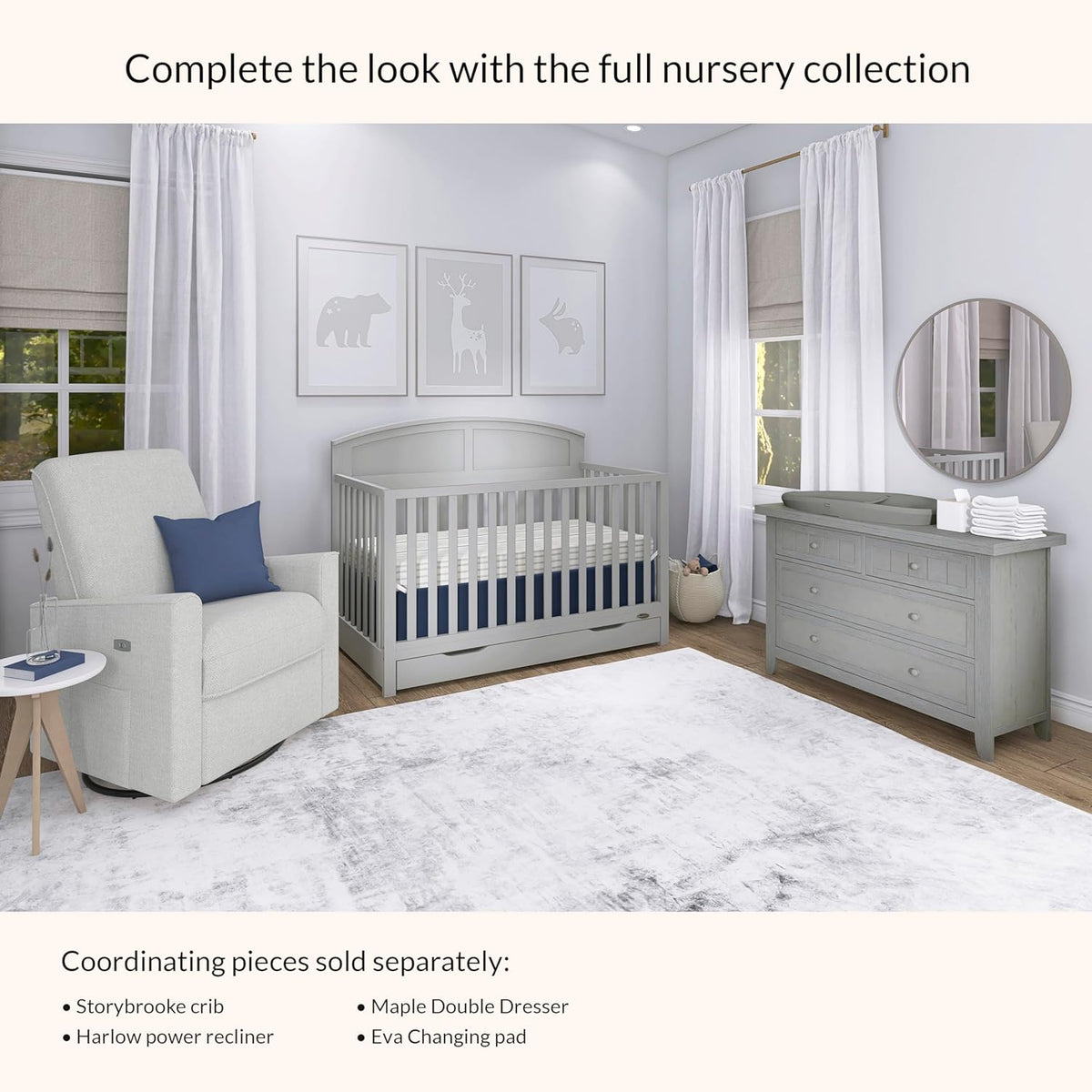 Dream On Me Storybrooke 5-in-1 Convertible Full-Size Crib with Under Drawer, Pebble Grey, GreenGuard Gold & BSA, Convert to Toddler, Day & Full-Size Bed, 3 Mattress Heights, Sustainable Pinewood