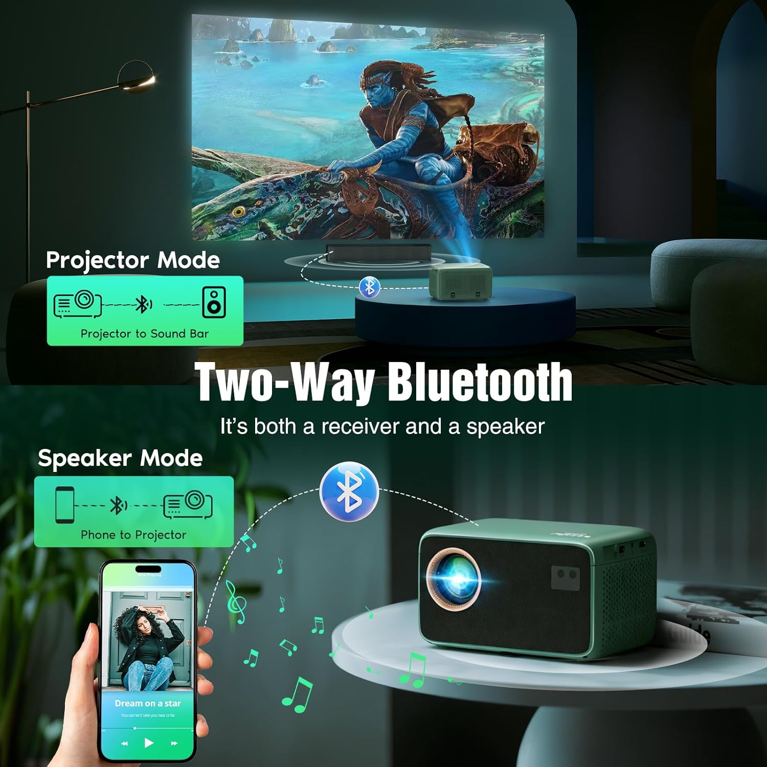 TMY 4K Projector with WiFi Bluetooth, Compatible with Netflix/Prime Video/YouTube, Outdoor Portable Home Theater Movie Projector, Smart Projector for Indoor Outdoor Movies, Gaming and Camping (Green)