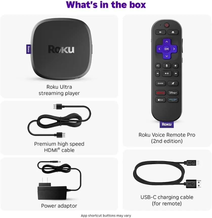 Roku Ultra Ultimate Streaming Player, 4K Streaming Device for TV, Dolby Vision & Atmos, HDR10+, Rechargeable Voice Remote Pro, Bluetooth & Wi-Fi 6, Backlit Buttons, with USB Extension Cord and HDMI