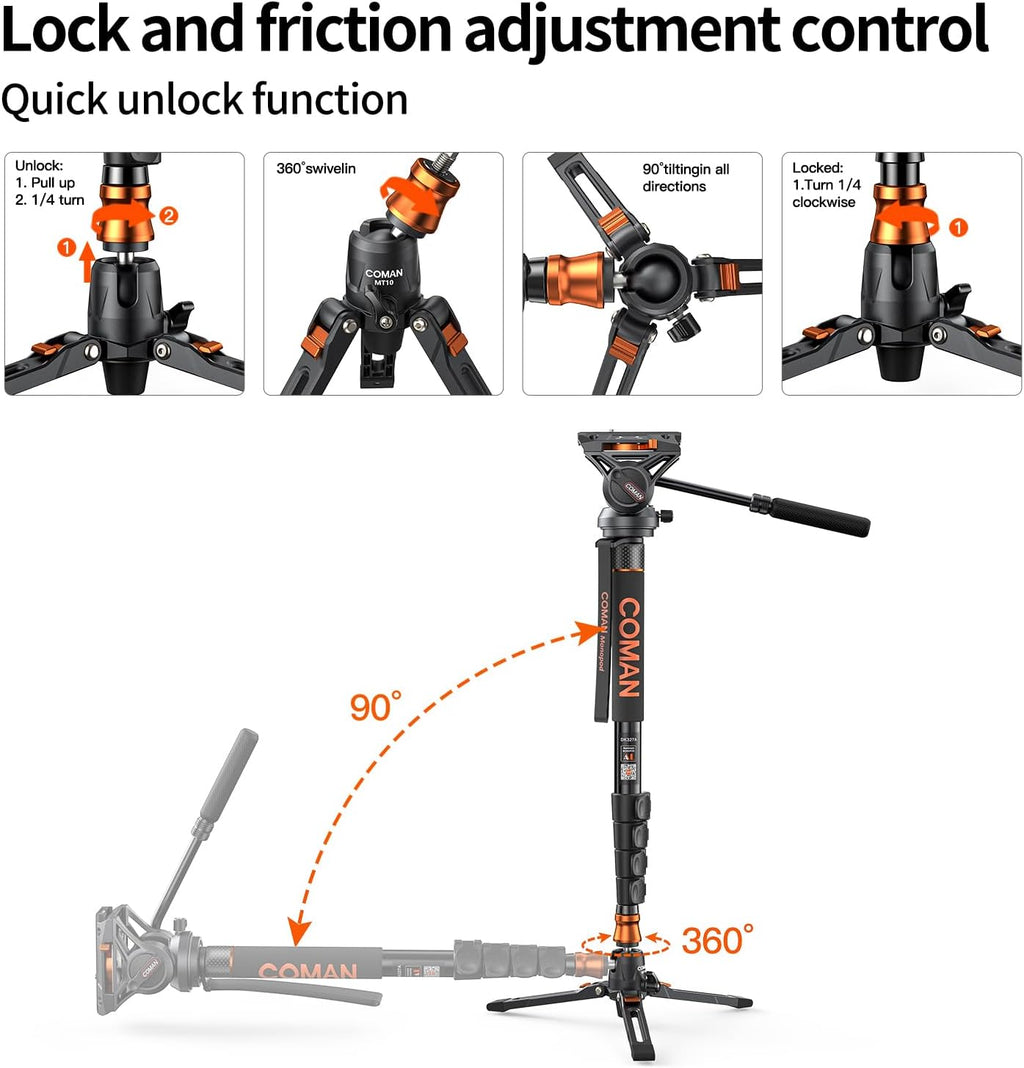 Monopod for Camera, COMAN Camera Monopod with Feet Q6 Fluid Head with Tripod Stand 71.25 inch Max Load 22 Lbs for Photography, Cameras, Canon, Nikon, Sony, DSLR, Video Camcorder