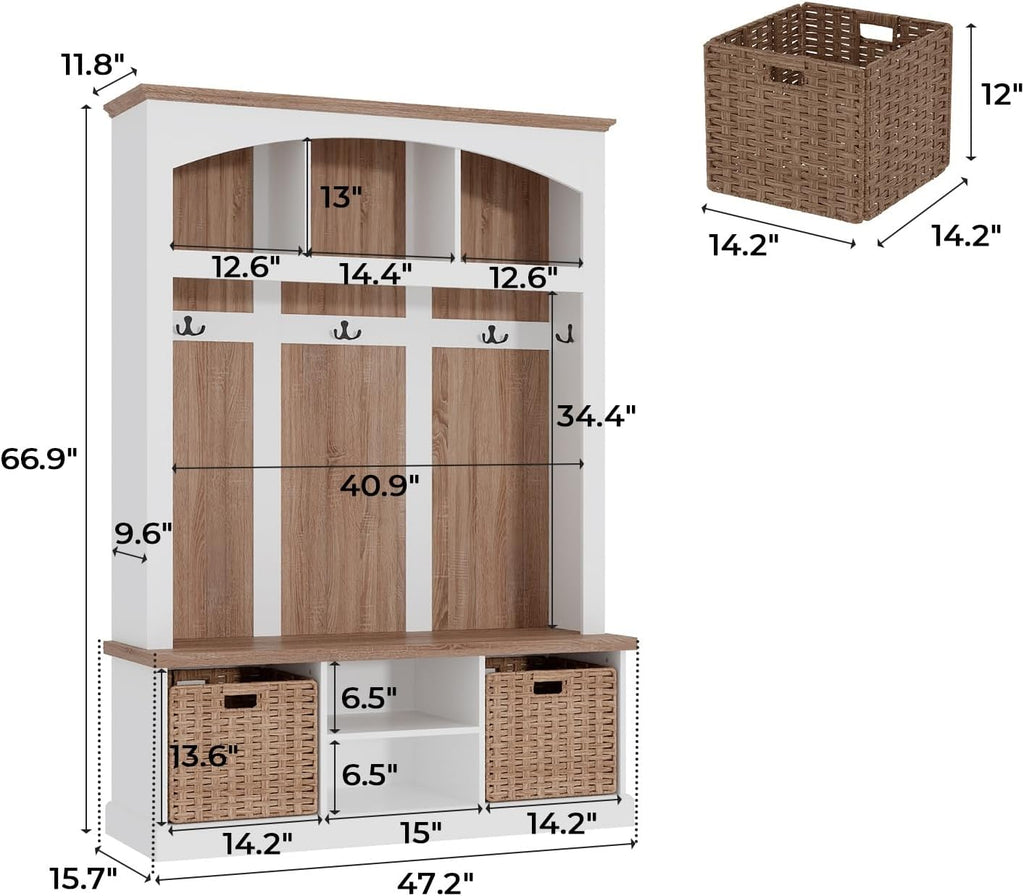 66.9" Tall Hall Tree with Bench and Shoe Storage, Modern Entryway Mudroom Furniture with Coat Rack and 2 Rattan Baskets, White and Oak Home Organizer with 5 Hooks for Foyer
