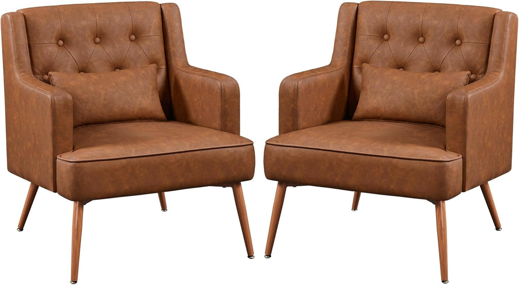 Yaheetech Accent Chair, Living Room Chair Mid Century PU Leather Armchair Lumbar Pillow, Comfy Upholstered Reading Chair Wood Leg Bedroom Brown 2PCS