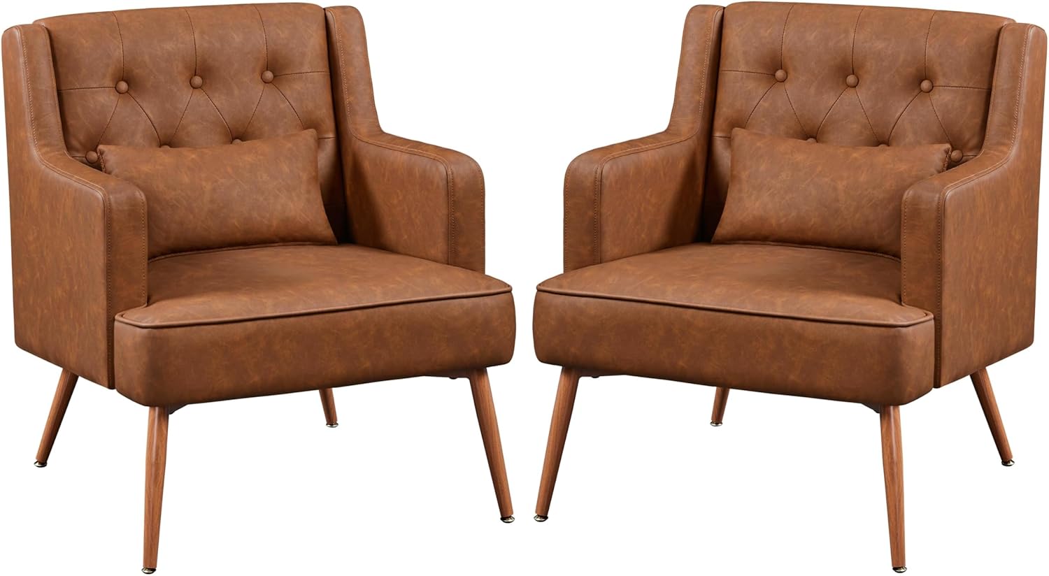 Yaheetech Accent Chair, Living Room Chair Mid Century PU Leather Armchair Lumbar Pillow, Comfy Upholstered Reading Chair Wood Leg Bedroom Brown 2PCS