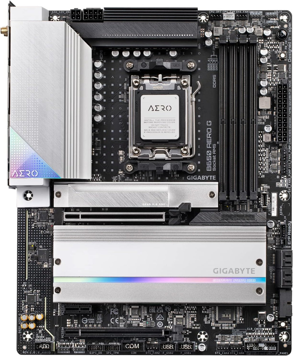 GIGABYTE B650 AERO G AMD AM5 ATX Motherboard, Support Ryzen 9000/8000/7000 Series, DDR5, Twin 16 Power Phase, DDR5, PCIe 5.0 M.2, USB-C 3.2 Gen 2, WIFI6E, 2.5GbE, EZ-Latch, Q-Flash, VisionLINK