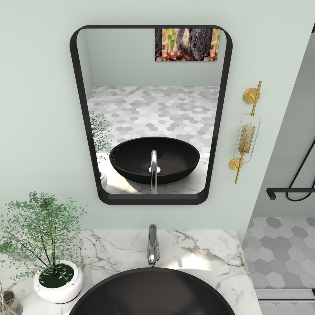 16”Wx24”H Farmhouse Framed Medicine Cabinet with Mirror, Matte Black Finish, Recessed or Surface Mount, Adjustable Shelves, Rounded Rectangle Bathroom Medicine Cabinet,Install Left or Right